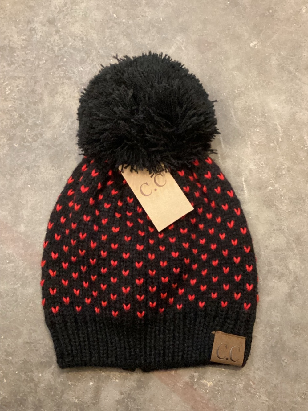 C.C Black Red Heart Stitch‎ Pom Beanie Chunky Knit Winter Hat NWT